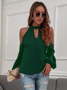 SHEIN LUNE Cold Shoulder Bishop Sleeve Blouse - Dark Green - View 3