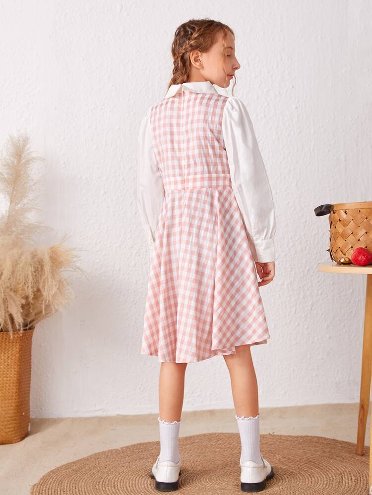 SHEIN Girls Gingham Print Collared Dress - Multicolor - View 2