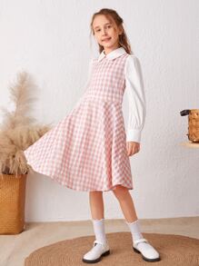 SHEIN Girls Gingham Print Collared Dress - Multicolor - View 3