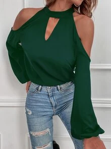 SHEIN LUNE Cold Shoulder Bishop Sleeve Blouse - Dark Green - View 4