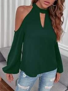 SHEIN LUNE Cold Shoulder Bishop Sleeve Blouse - Dark Green - View 5