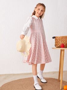 SHEIN Girls Gingham Print Collared Dress - Multicolor - View 4