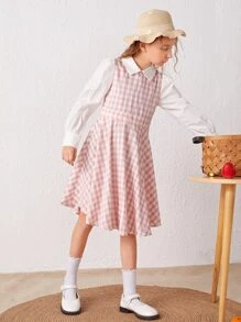 SHEIN Girls Gingham Print Collared Dress - Multicolor - View 5