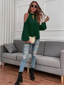 SHEIN LUNE Cold Shoulder Bishop Sleeve Blouse - Dark Green - View 6