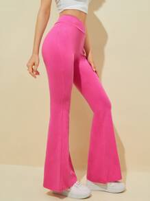 SHEIN EZwear Flare Leg Solid Trousers - Pink - View 1