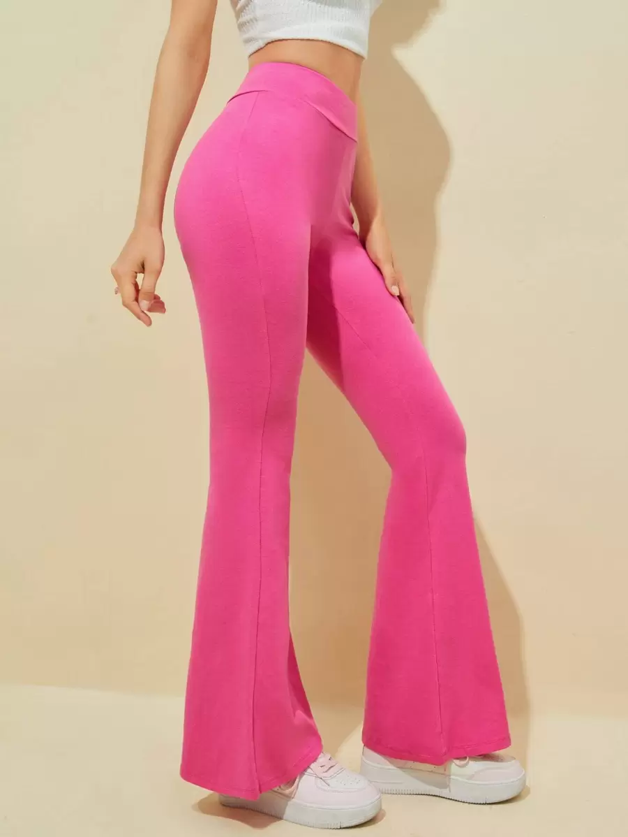 SHEIN EZwear Flare Leg Solid Trousers - Pink - View 1