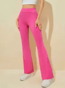 SHEIN EZwear Flare Leg Solid Trousers - Pink - View 3