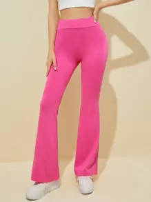 SHEIN EZwear Flare Leg Solid Trousers - Pink - View 4