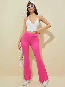SHEIN EZwear Flare Leg Solid Trousers - Pink - View 5