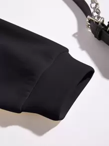 SHEIN Qutie Expression & Letter Graphic Drawstring Thermal Hoodie Pullover Fall - Black - View 4