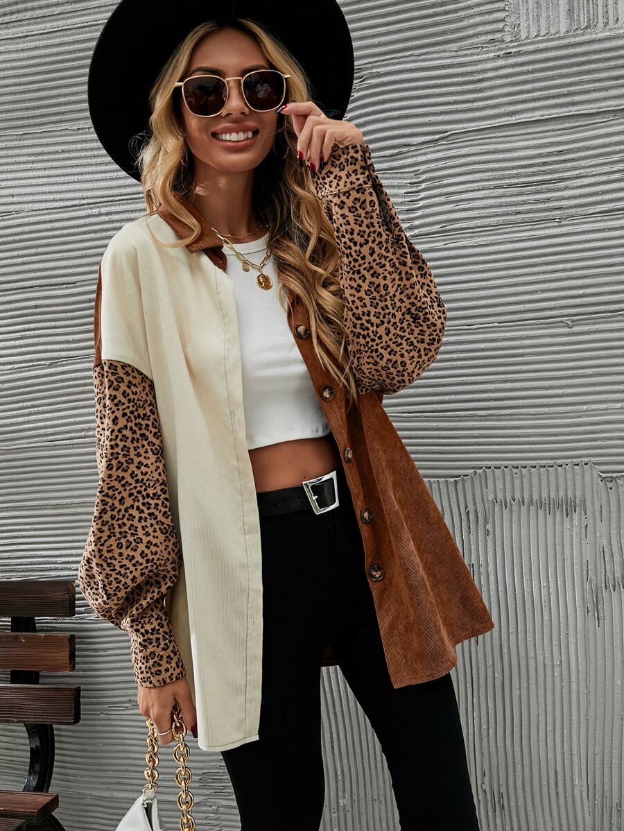 LanaWest Cut And Sew Leopard Corduroy Coat Fall Winter Cloth For Women