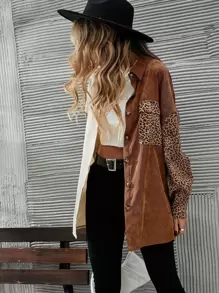 LanaWest Cut And Sew Leopard Corduroy Coat Fall Winter Cloth For Women