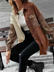 LanaWest Cut And Sew Leopard Corduroy Coat Fall Winter Cloth For Women
