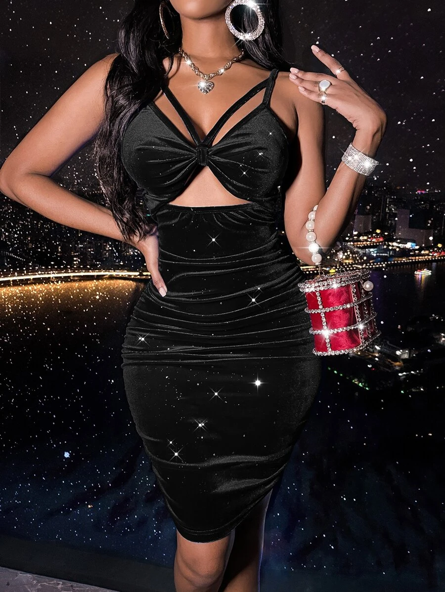 SHEIN SXY Đầm Lộ Lưng Cắt ra Xù màu trơn Hấp dẫn - màu đen - Xem 1