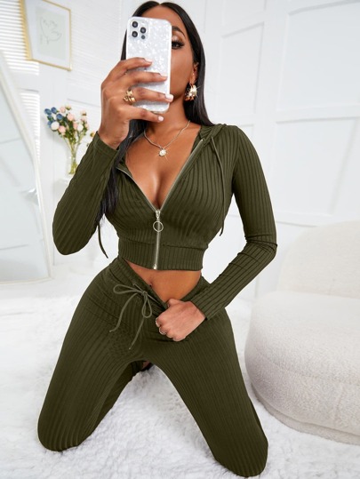 Zolique Rib-Knit O-Ring Zipper Drawstring Hoodie & Leggings Fall Cloth For Women