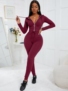 Zolique Rib-Knit O-Ring Zipper Drawstring Hoodie & Leggings Fall Cloth For Women - Burgundy - View 4