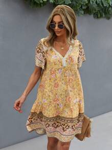 SHEIN LUNE Vestido smock con encaje en contraste floral - Amarillo - Ver 1