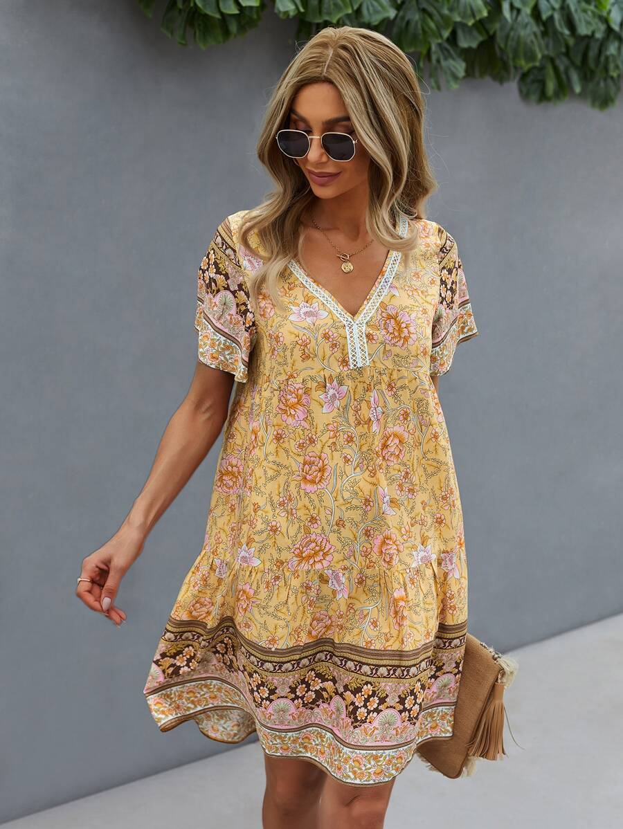 SHEIN LUNE Vestido smock con encaje en contraste floral - Amarillo - Ver 1