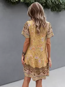SHEIN LUNE Vestido smock con encaje en contraste floral - Amarillo - Ver 2