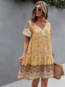 SHEIN LUNE Vestido smock con encaje en contraste floral - Amarillo - Ver 3