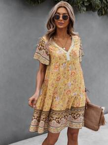 SHEIN LUNE Vestido smock con encaje en contraste floral - Amarillo - Ver 5