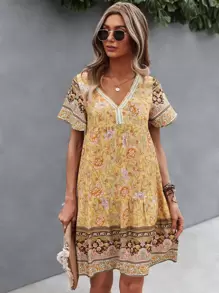 SHEIN LUNE Vestido smock con encaje en contraste floral - Amarillo - Ver 6