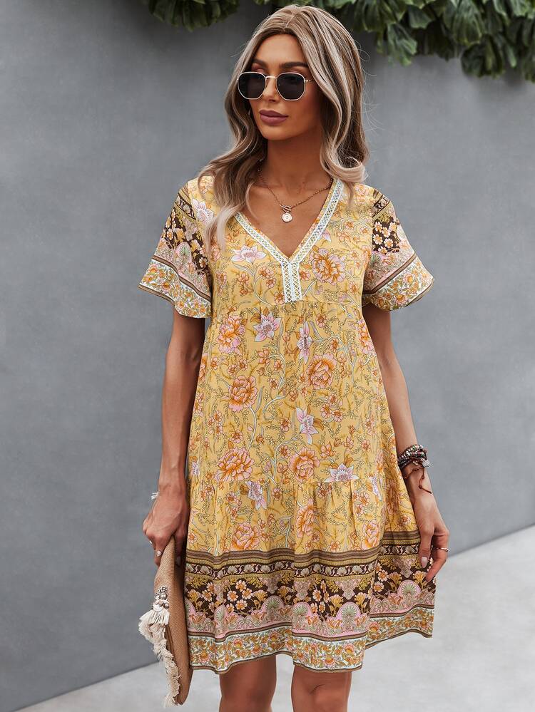 SHEIN LUNE Contrast Lace Floral Smock Dress - Yellow - View 6