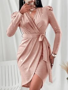 SHEIN SXY 金屬亮絲羊腿袖腰帶圍裹式連衣裙 - 淺粉色 - 查看 3