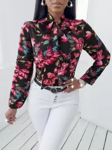 Blusa con estampado floral de cuello con cordón - Negro - Ver 1