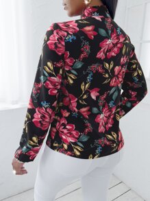 Blusa con estampado floral de cuello con cordón - Negro - Ver 2