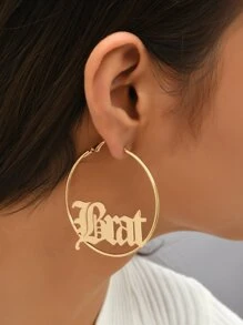 Letter Decor Hoop Earrings - Yellow Gold - View 1
