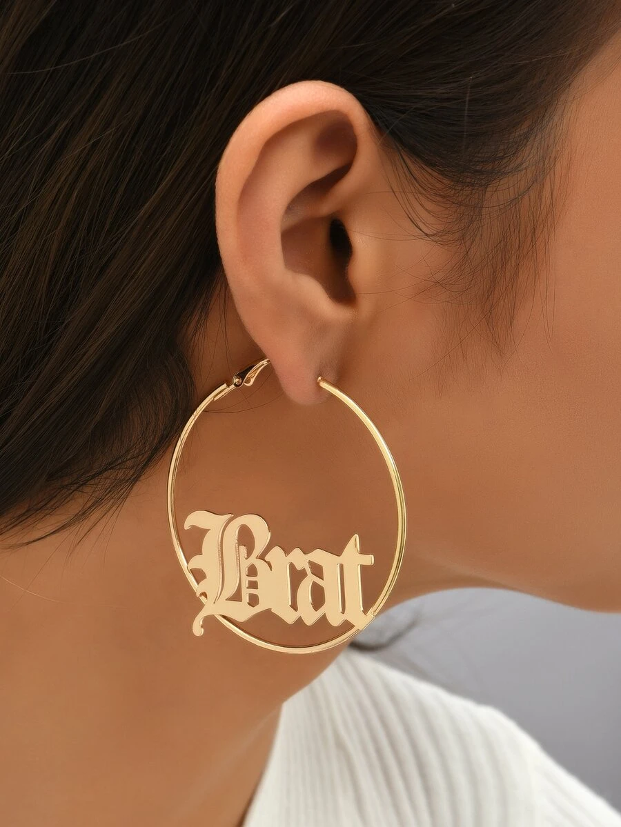 Letter Decor Hoop Earrings - Yellow Gold - View 1