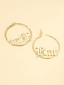 Letter Decor Hoop Earrings - Yellow Gold - View 2