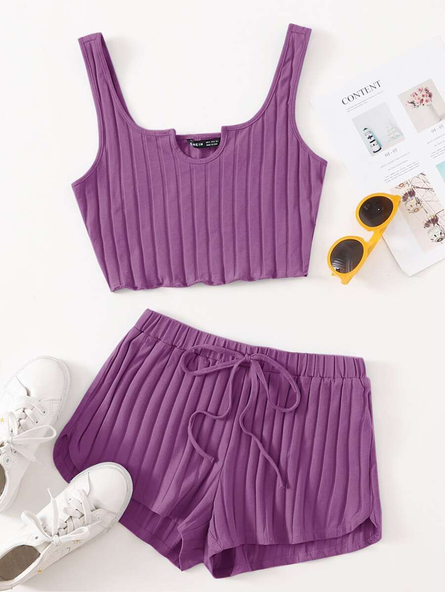 SHEIN EZwear 缺口領羅紋針織背心上衣和短褲套裝 - 紫羅蘭色 - 查看 1