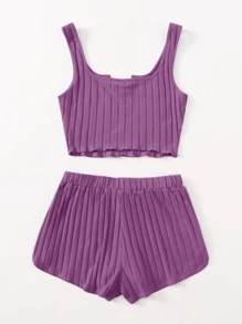 SHEIN EZwear 缺口領羅紋針織背心上衣和短褲套裝 - 紫羅蘭色 - 查看 2