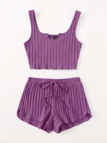 SHEIN EZwear 缺口領羅紋針織背心上衣和短褲套裝 - 紫羅蘭色 - 查看 5