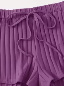 SHEIN EZwear 缺口領羅紋針織背心上衣和短褲套裝 - 紫羅蘭色 - 查看 4