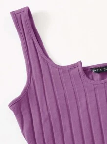 SHEIN EZwear 缺口領羅紋針織背心上衣和短褲套裝 - 紫羅蘭色 - 查看 3