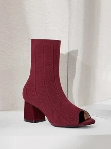 Cuccoo Minimalist Peep Toe Slip On Chunky Sock Boots - Burgundy - View 12