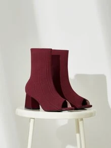 Cuccoo Minimalist Peep Toe Slip On Chunky Sock Boots - Burgundy - View 10