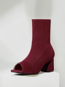 Cuccoo Minimalist Peep Toe Slip On Chunky Sock Boots - Burgundy - View 8