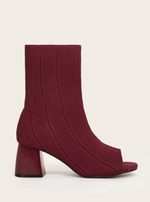 Cuccoo Minimalist Peep Toe Slip On Chunky Sock Boots - Burgundy - View 3