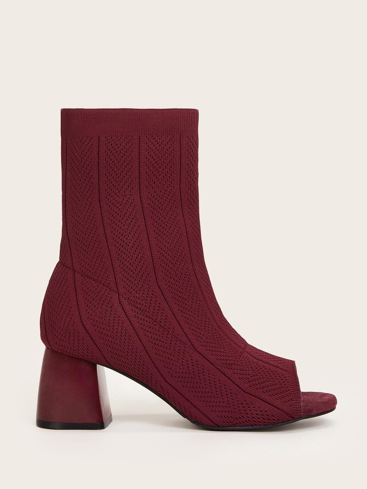 Cuccoo Minimalist Peep Toe Slip On Chunky Sock Boots - Burgundy - View 3