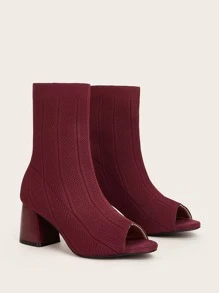 Cuccoo Minimalist Peep Toe Slip On Chunky Sock Boots - Burgundy - View 5