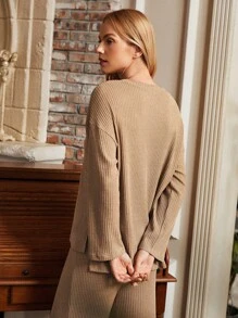 Drop Shoulder Split High Low Hem Tee & Trousers PJ Set - Khaki - View 2