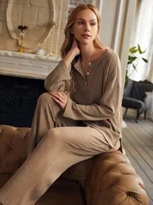 Drop Shoulder Split High Low Hem Tee & Trousers PJ Set - Khaki - View 3