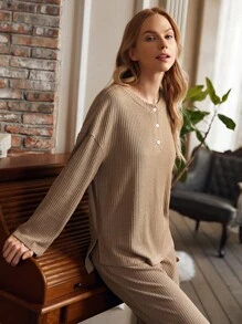 Drop Shoulder Split High Low Hem Tee & Trousers PJ Set - Khaki - View 6