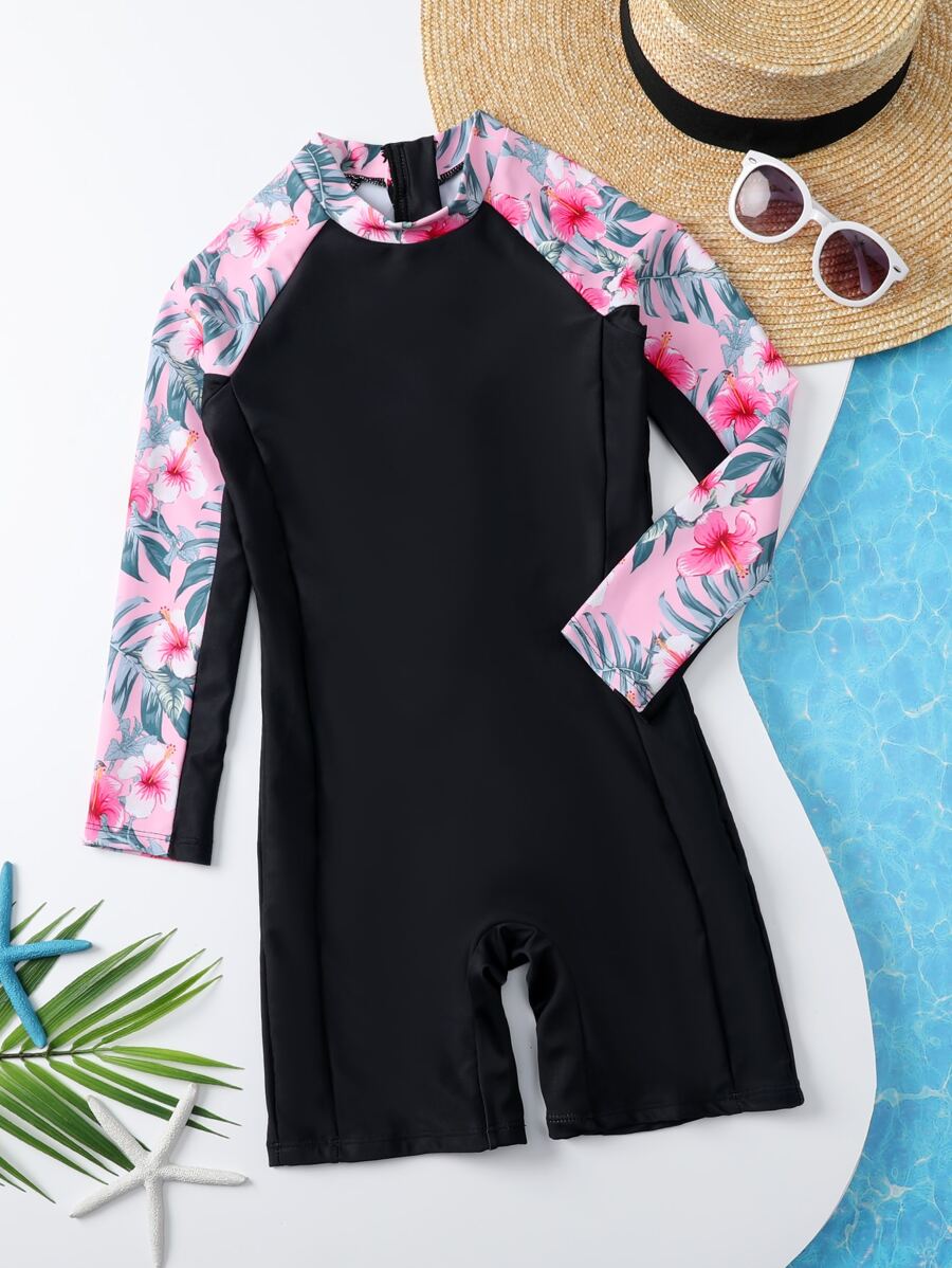 女孩印花後拉鍊連體泳衣