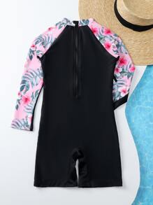 女孩印花後拉鍊連體泳衣