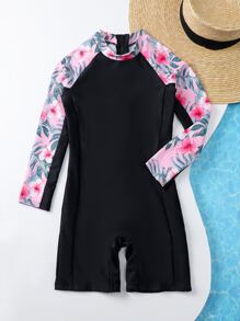 女孩印花後拉鍊連體泳衣